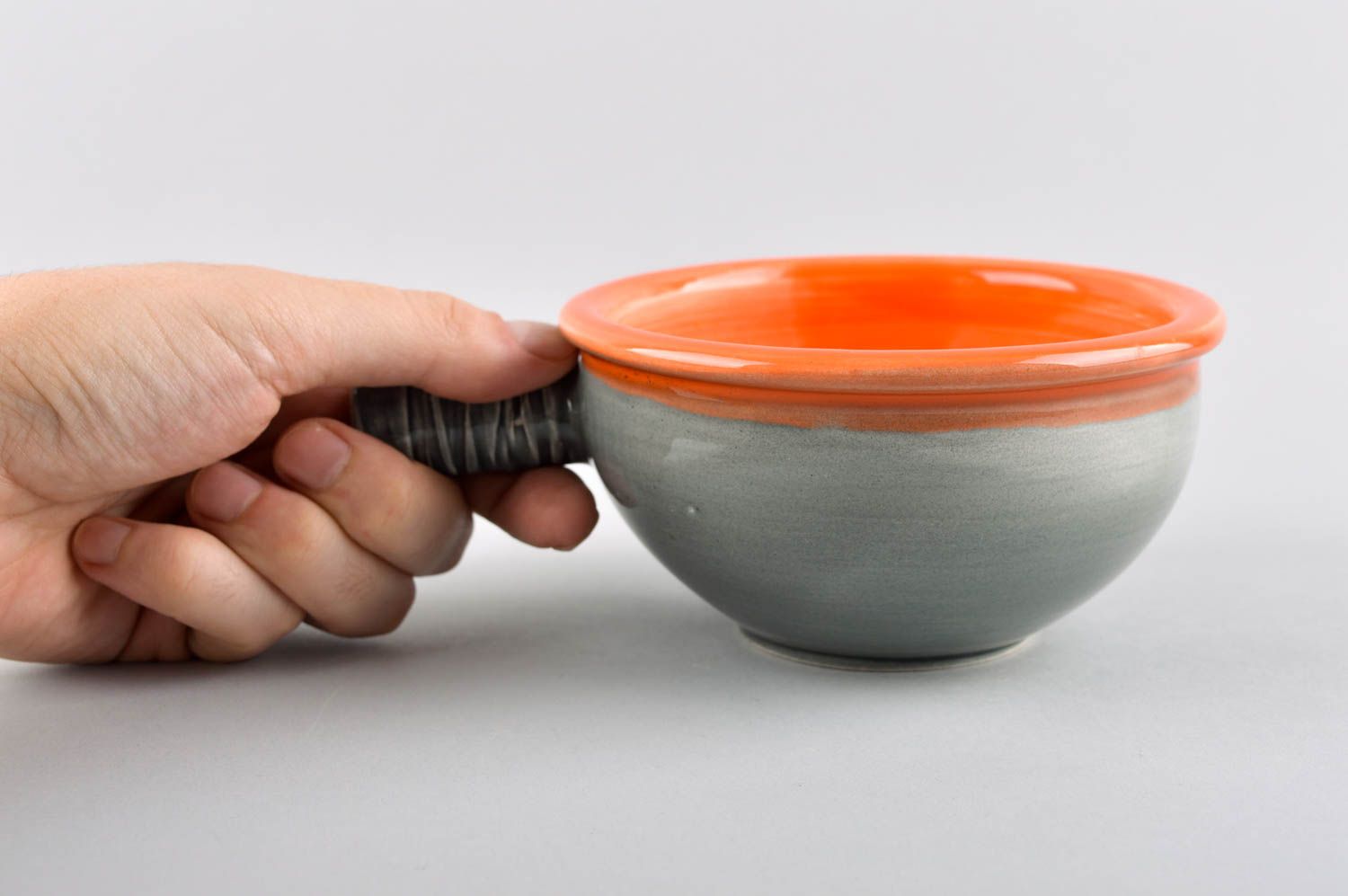 Миска для супа керамика ручной работы серая с оранжевым столовая посуда фото 5