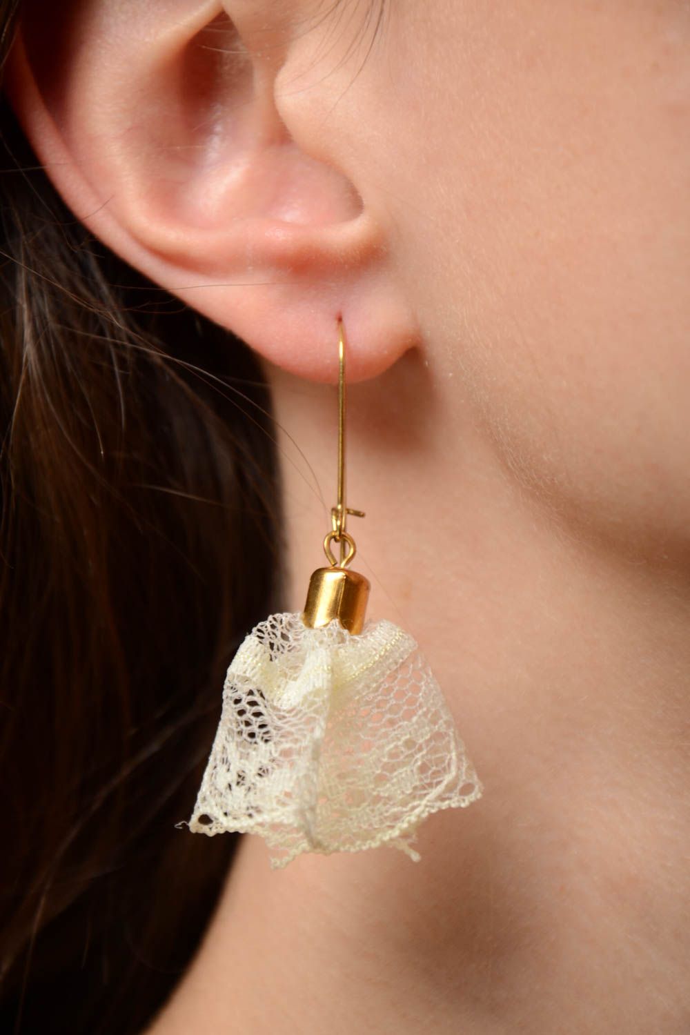 Handmade light festive lace dangling earrings with golden colored ear wires photo 1