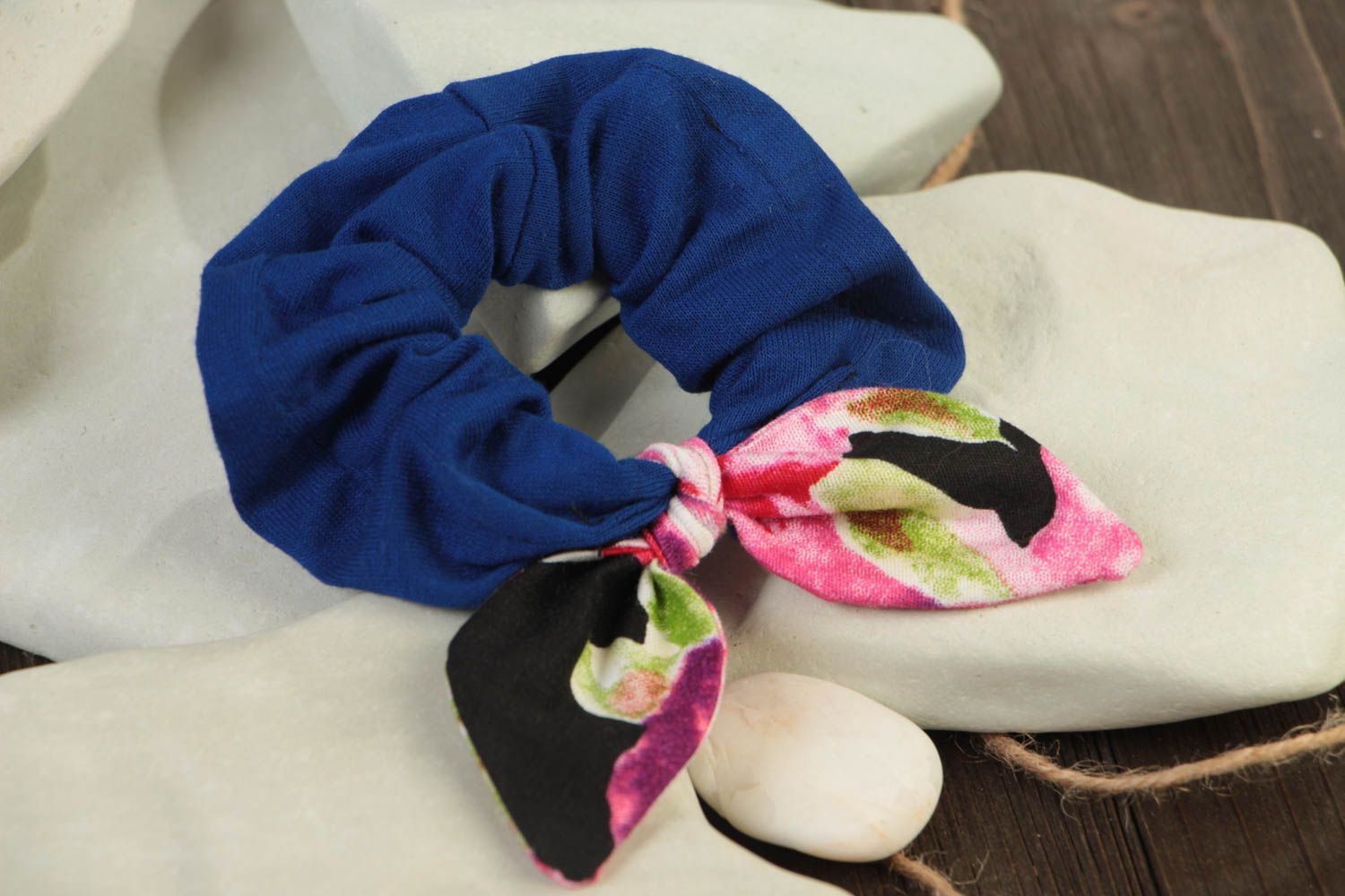 Handmade decorative bright blue fabric hair band with colorful dolly bow photo 1