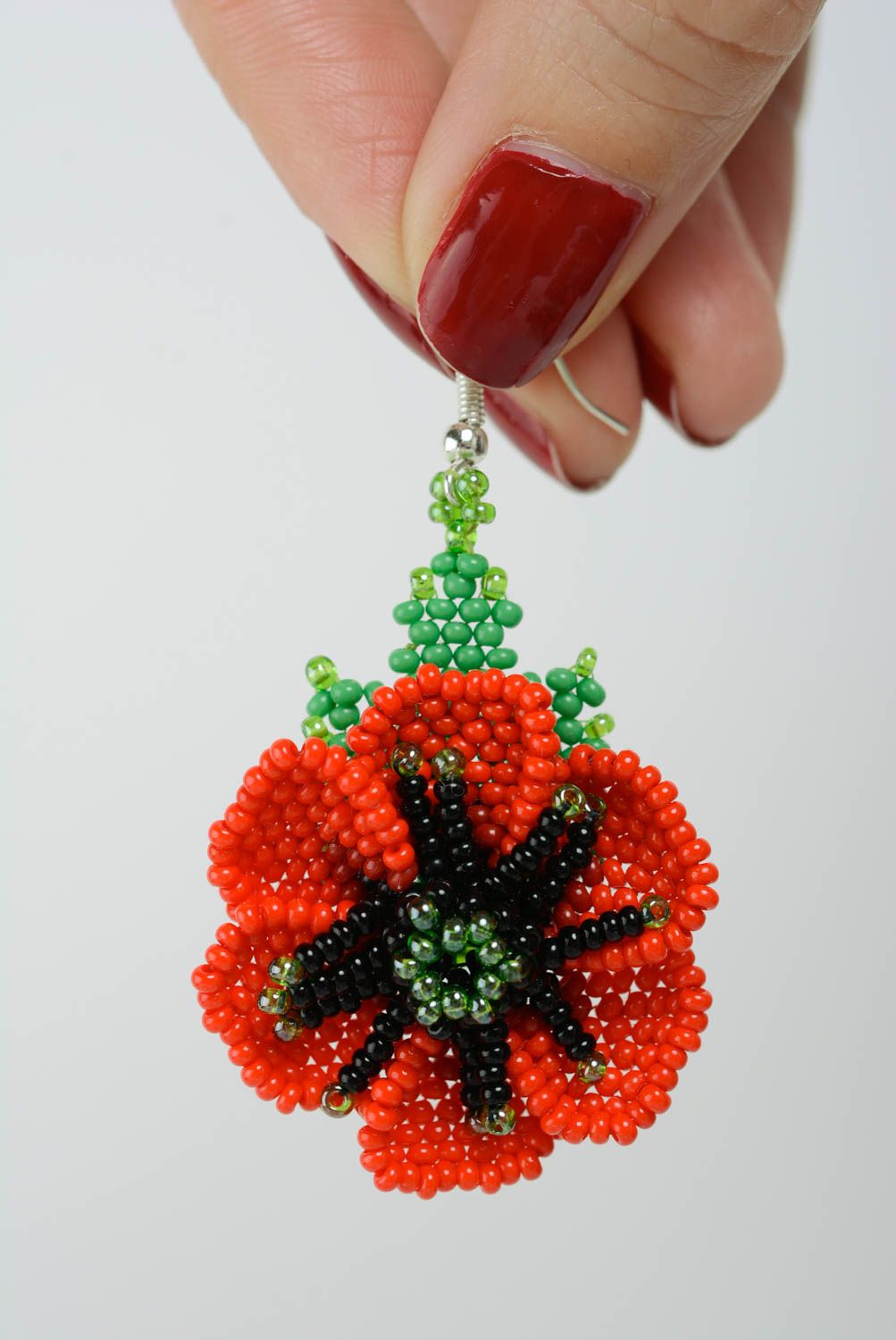 Handmade festive designer beaded dangling earrings with red poppy flowers photo 3