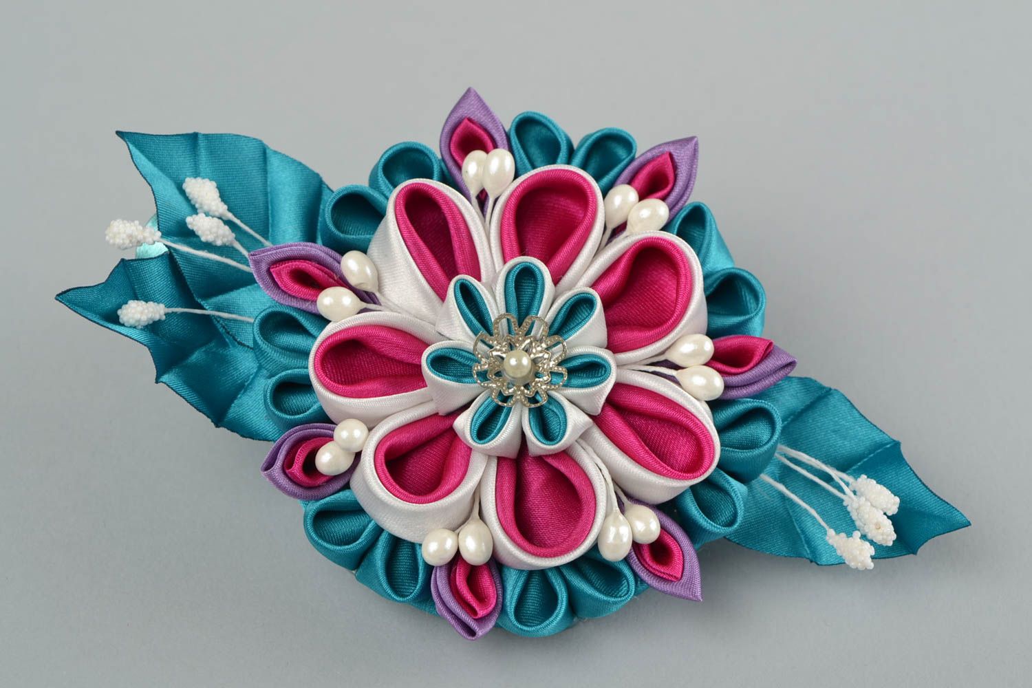 Beautiful handmade designer satin ribbon flower hair clip kanzashi technique photo 2