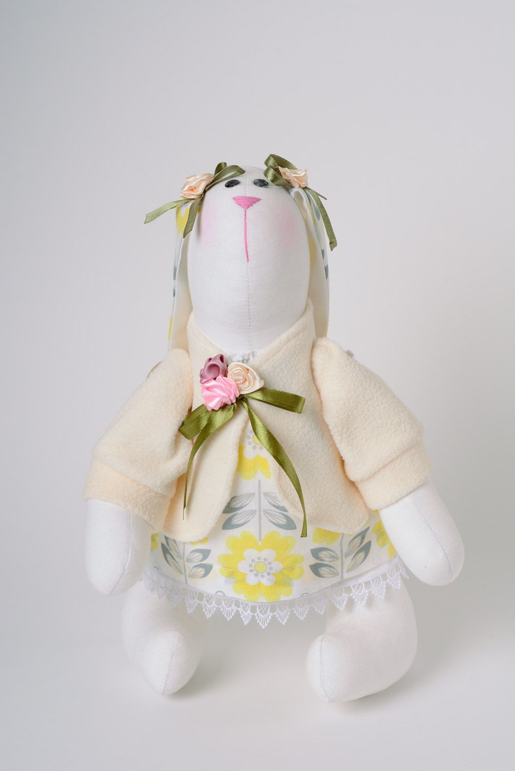 Handmade designer fabric soft toy long-eared hare in dress photo 2