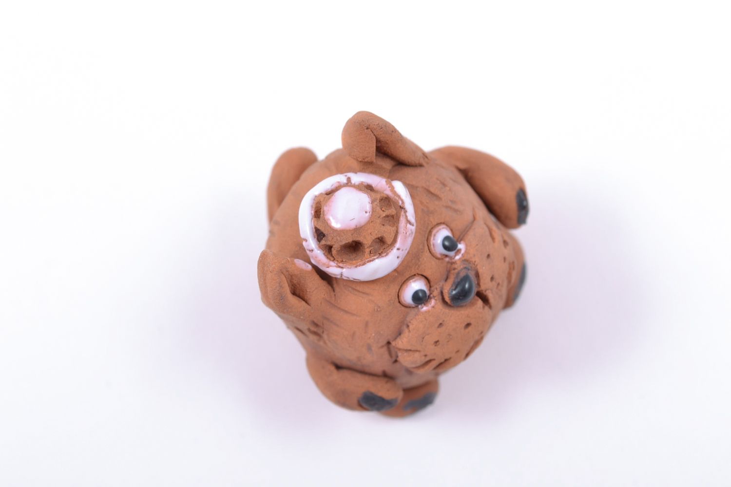Petite figurine décorative Chat en chapeau terre cuite brune originale faite main photo 3