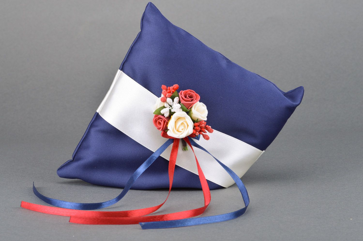 Handmade blue wedding ring pillow made of fabric with flowers and ribbons photo 2