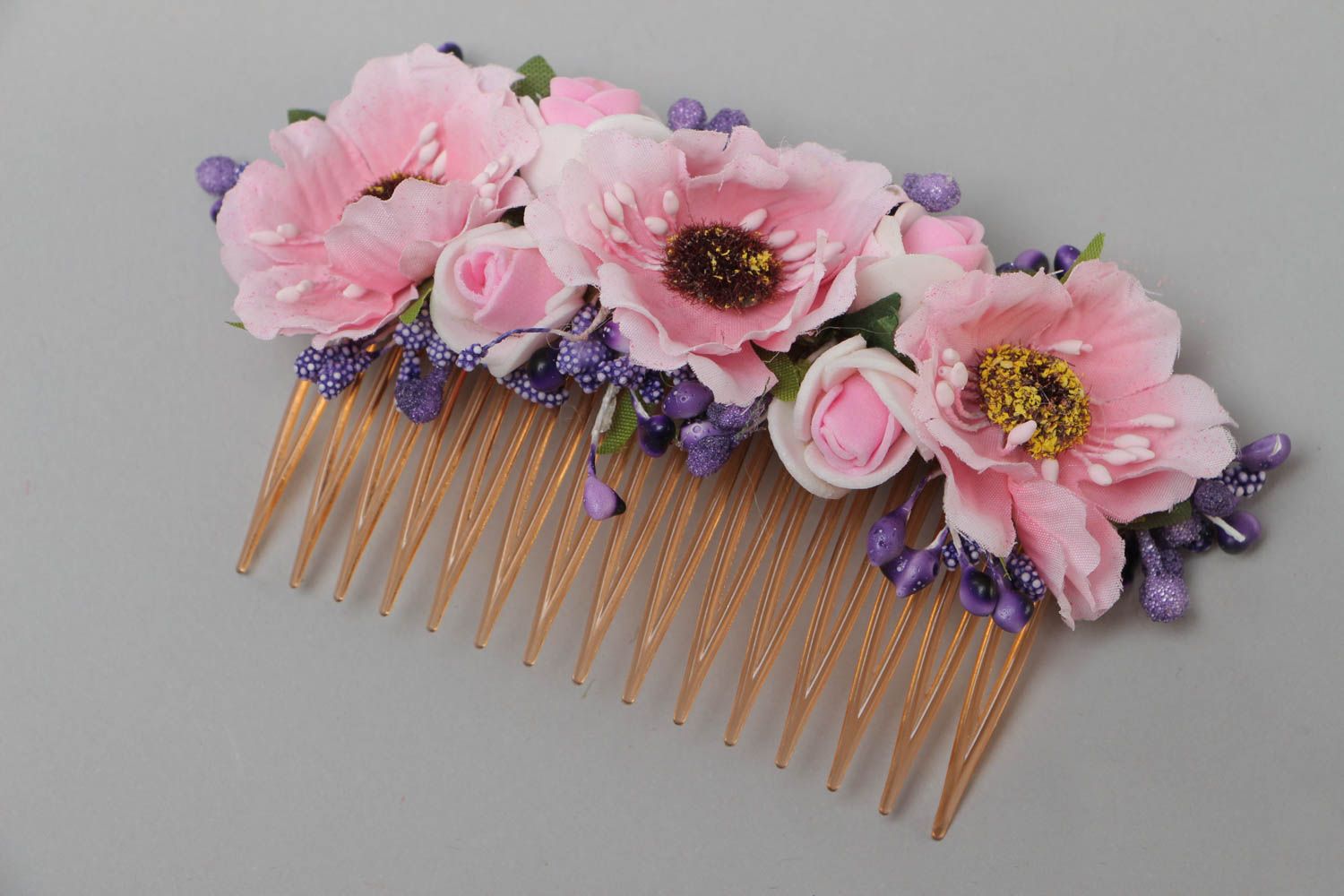 Handmade decorative hair comb with tender pink artificial flowers  photo 2