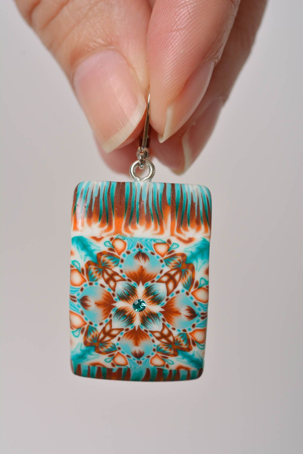 Handmade unusual rectangular polymer clay dangle earrings with colorful ornament photo 2