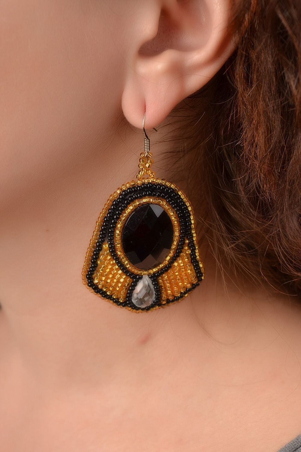 Handmade beaded massive dangling earrings black and golden Southern Night photo 2