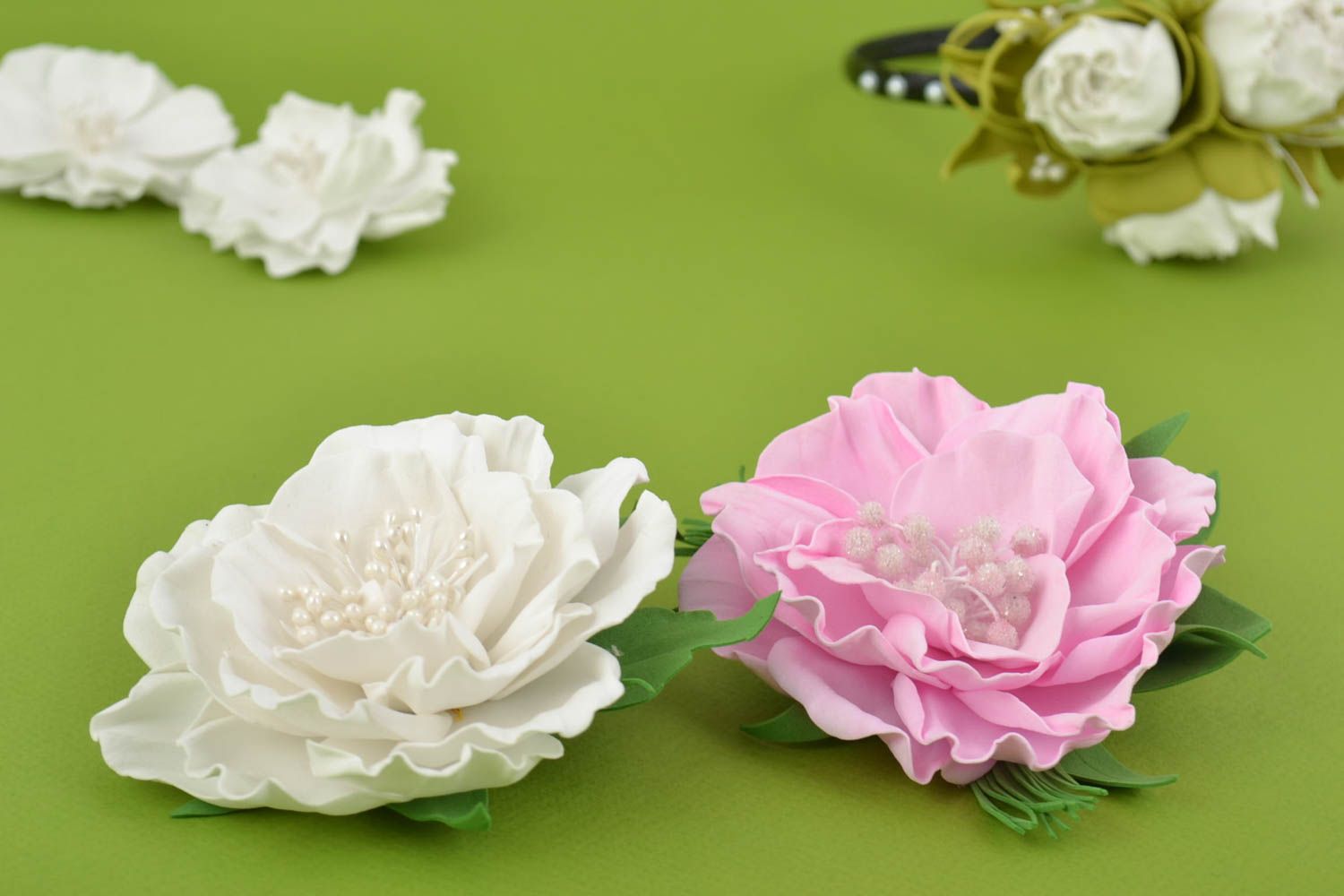 Handmade hair clip brooche in shape of flower set of 2 items made of foamiran photo 1