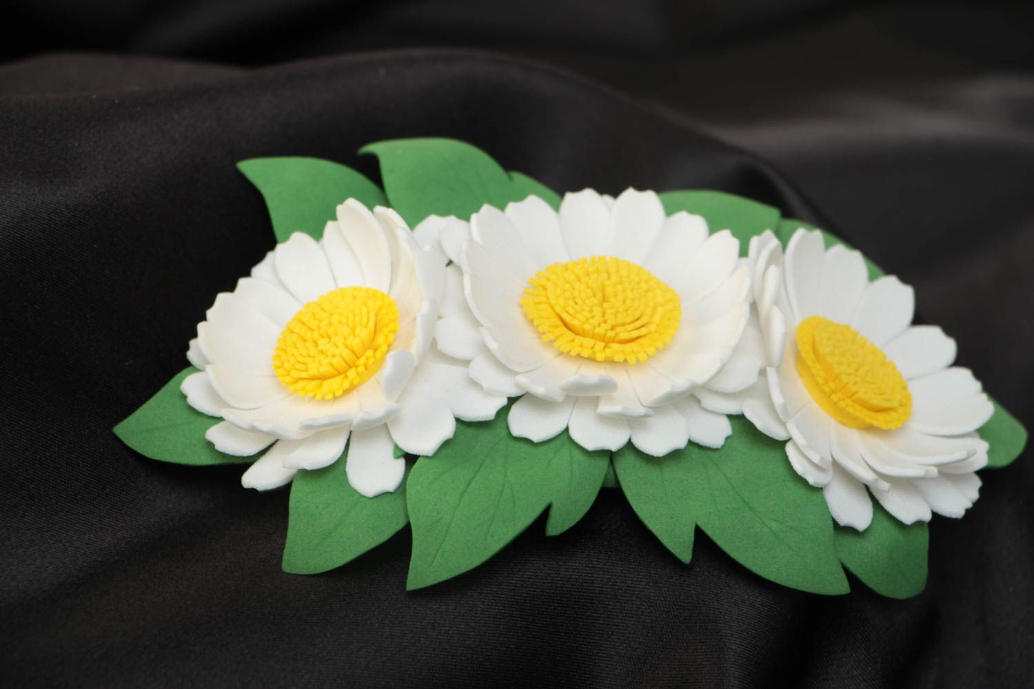 Handmade decorative hair clip with foamiran chamomile flowers and metal fastener photo 1