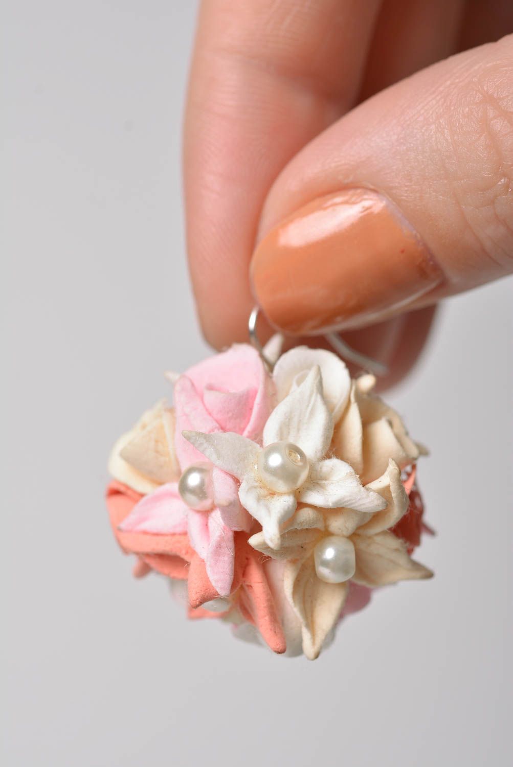 Handmade designer tender floral stud earrings molded of polymer clay photo 3