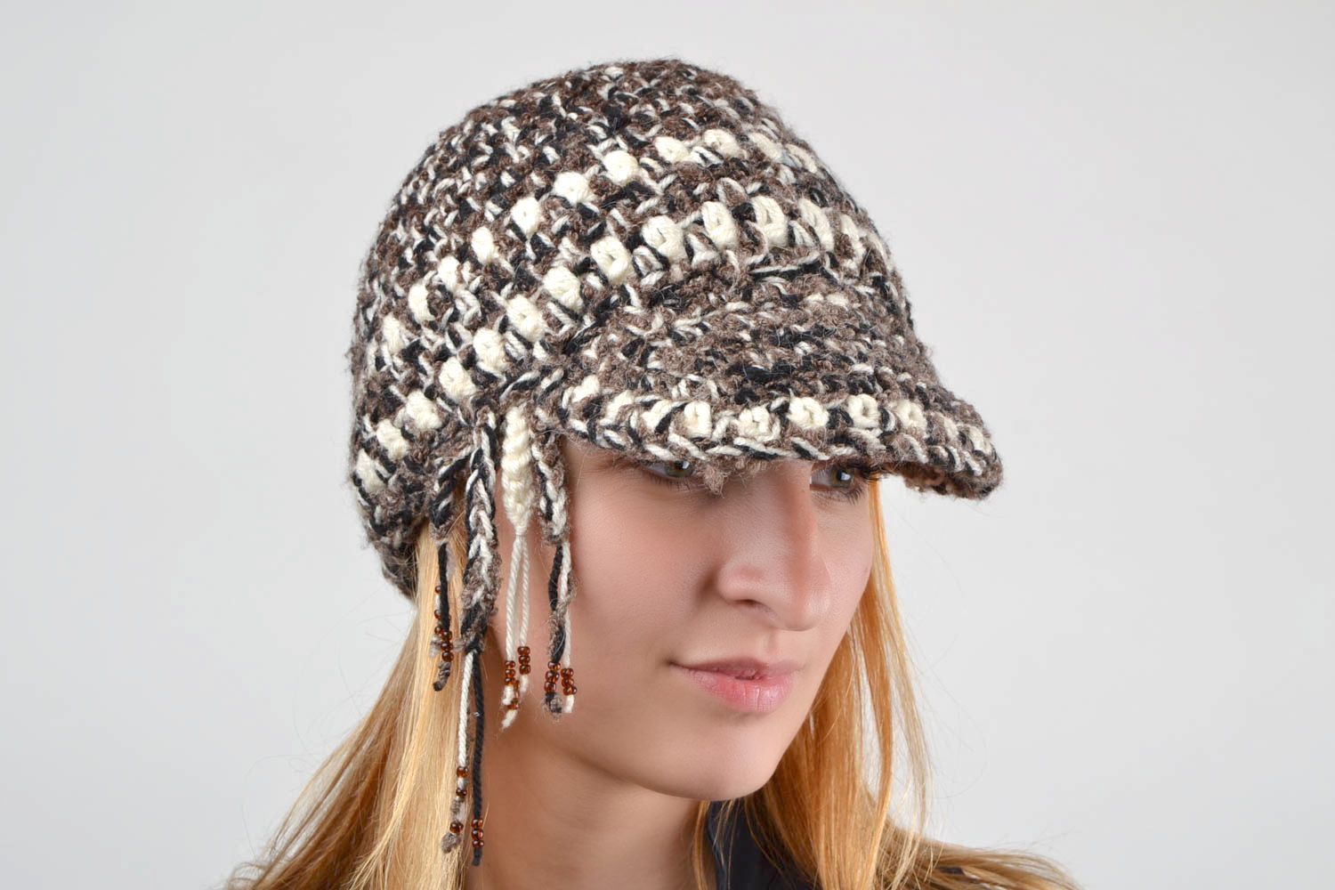 Unique handmade crocheted hat designer winter clothes accessory stylish present photo 1