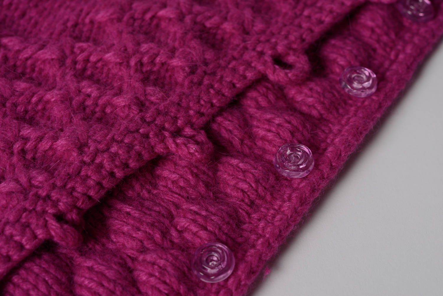 Handmade decorative cushion pillow of fuchsia color knitted of wool with buttons  photo 2