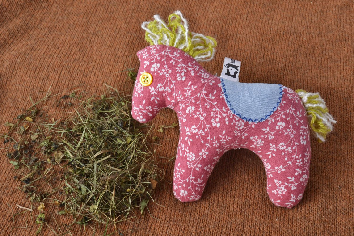 Handmade small soft toy sewn of bright pink patterned fabric horse for baby girl photo 1