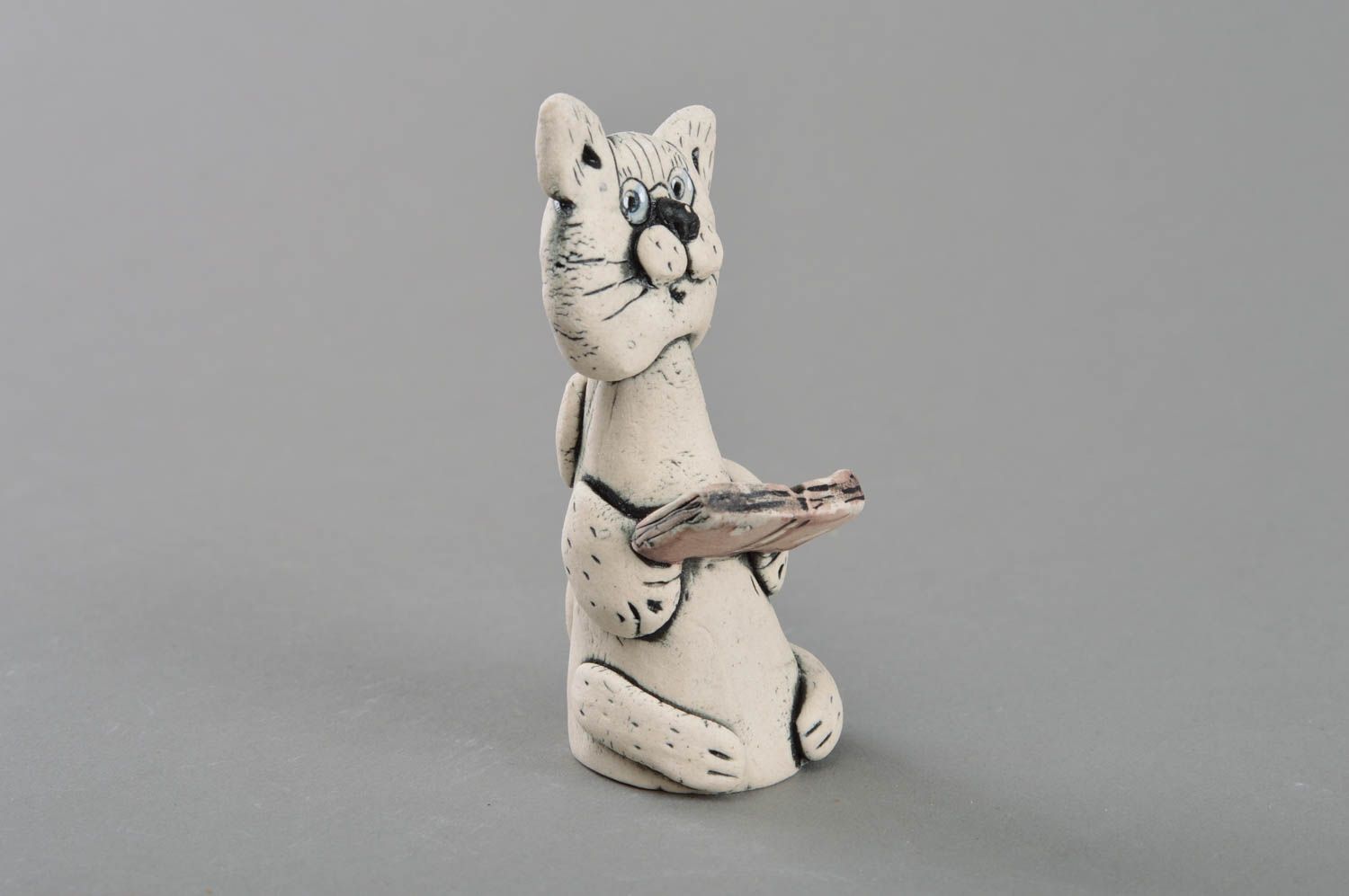Porcelain handmade statuette painted with glaze and acrylics Cat with book photo 3