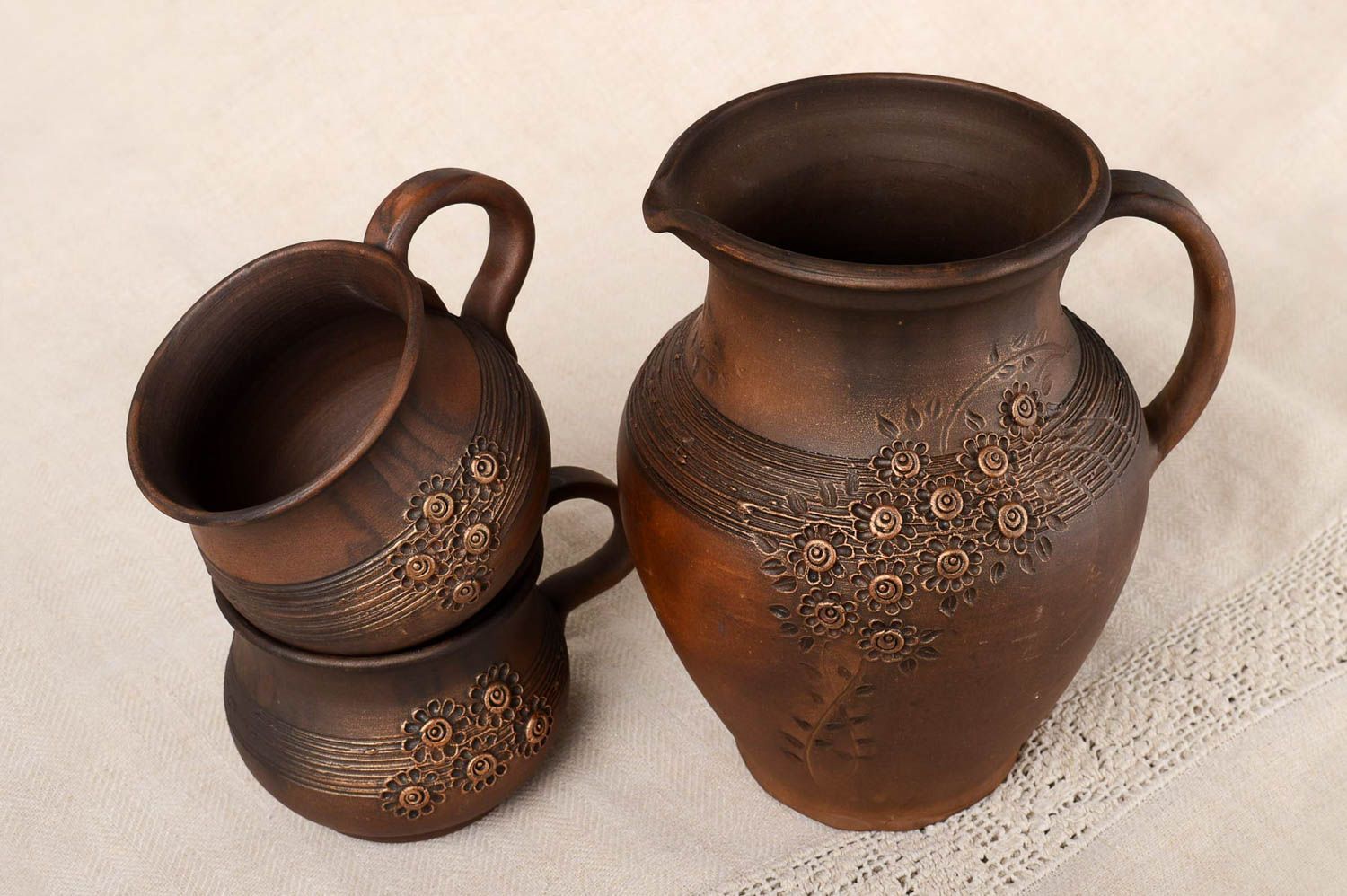 60 oz clay brown milk pitcher with two cups gift handmade pottery 9 inches, 3,5 lb photo 1