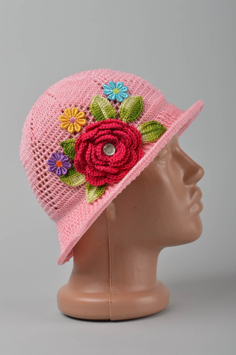Вязаная шляпа ручной работы детская шляпа розовая головной убор краисвый фото 3