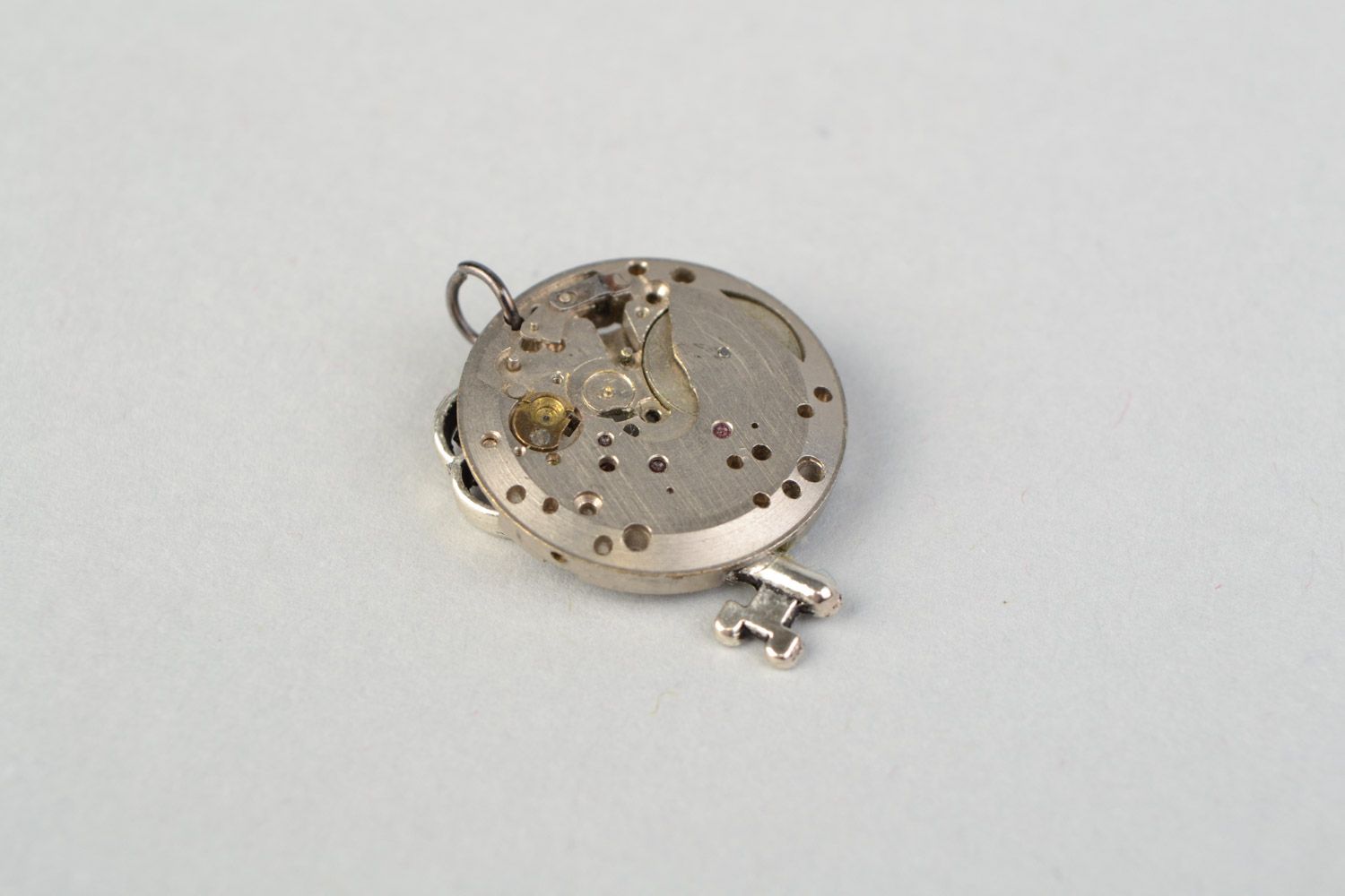 Tiny handmade metal pendant with clock mechanism in steampunk style Key to Time photo 4