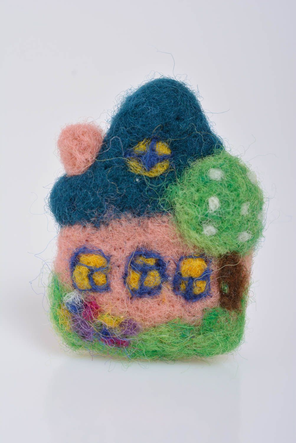Handmade small designer brooch felted of natural wool in the shape of cute house photo 1
