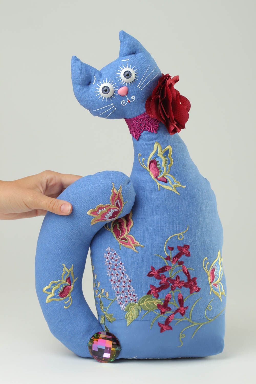 Jouet chat Peluche faite main en tissu de lin bleu à fleurs Déco maison photo 5