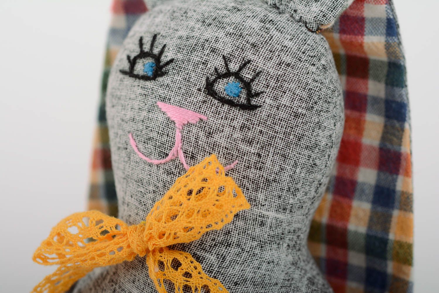 Small handmade children's fabric soft toy hare of gray color photo 2