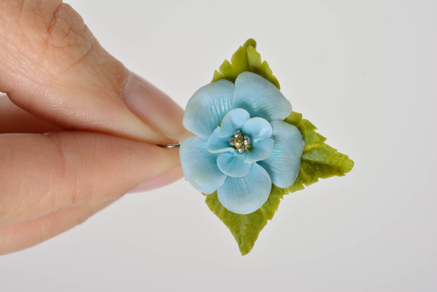 Handmade designer dangling earrings with tender blue polymer clay flowers  photo 4