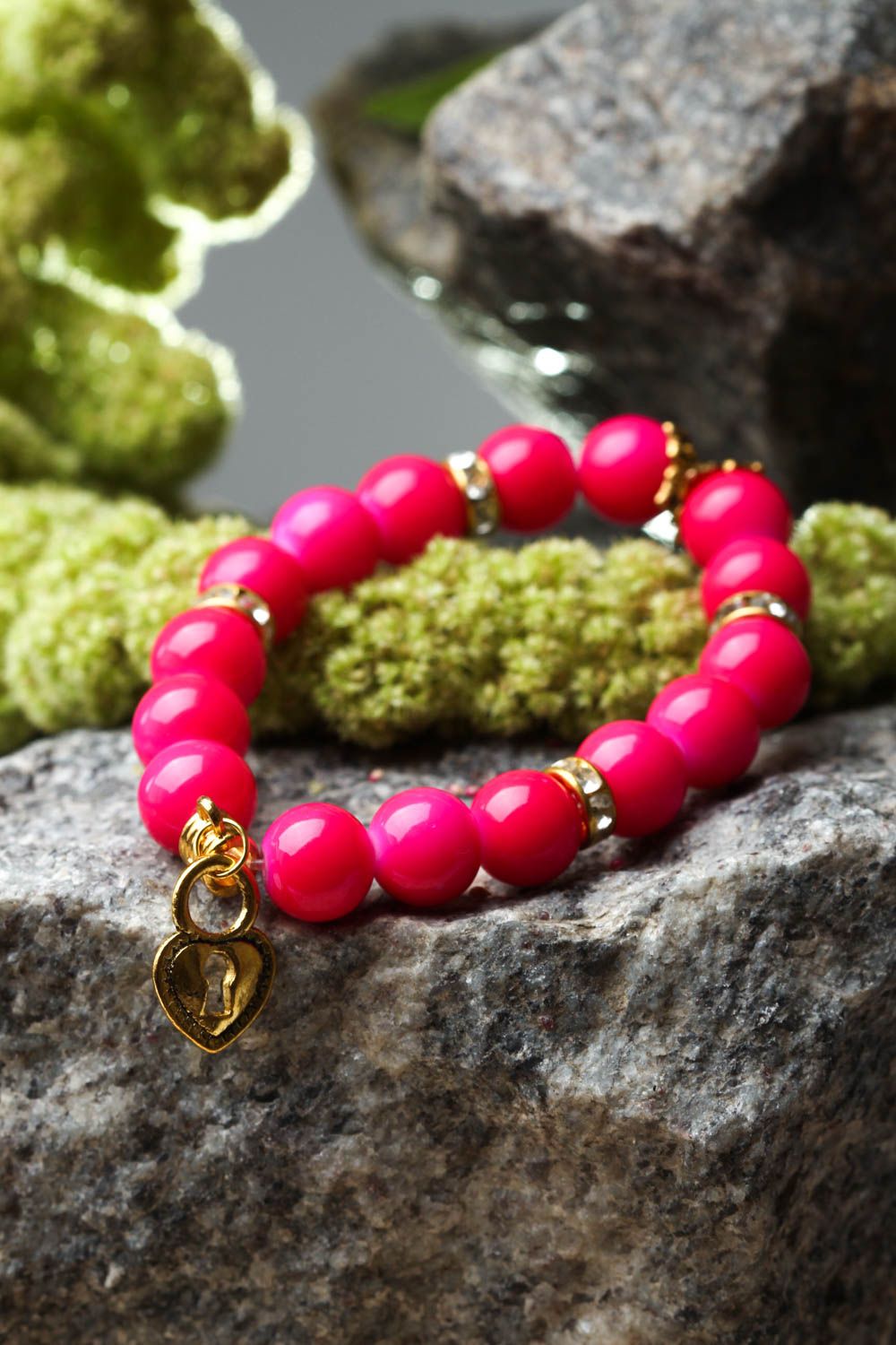 Bracelet rose Bijou fait main perles céramiques avec coeur Cadeau pour femme photo 2