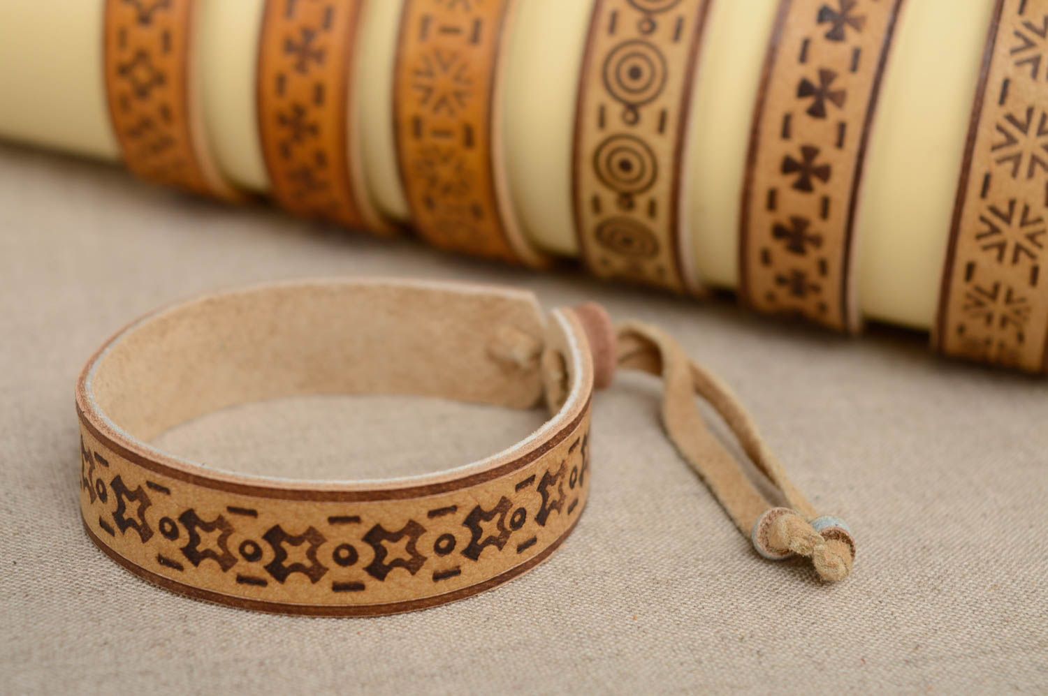 Ethnic light leather bracelet with pyrography photo 2