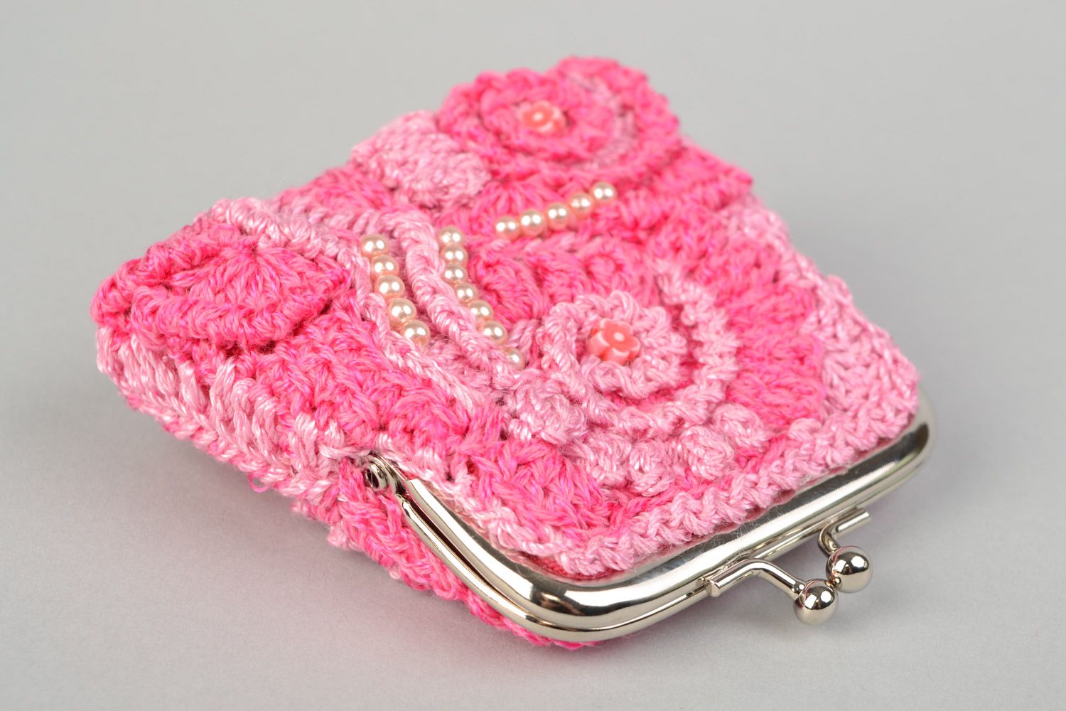 Porte-monnaie à clip tricoté en coton au crochet rose ajouré fait main femme photo 5