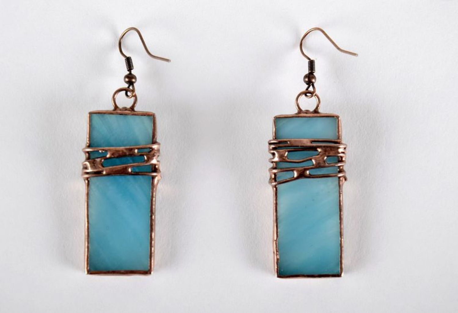 Stained glass long earrings made of copper and glass photo 1