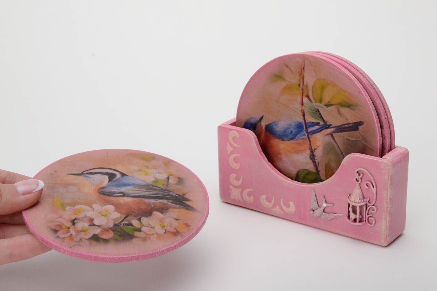 Tassen Untersetzer handmade Set von 4 Stücken mit Vögeln rosafarbig Decoupage  foto 5