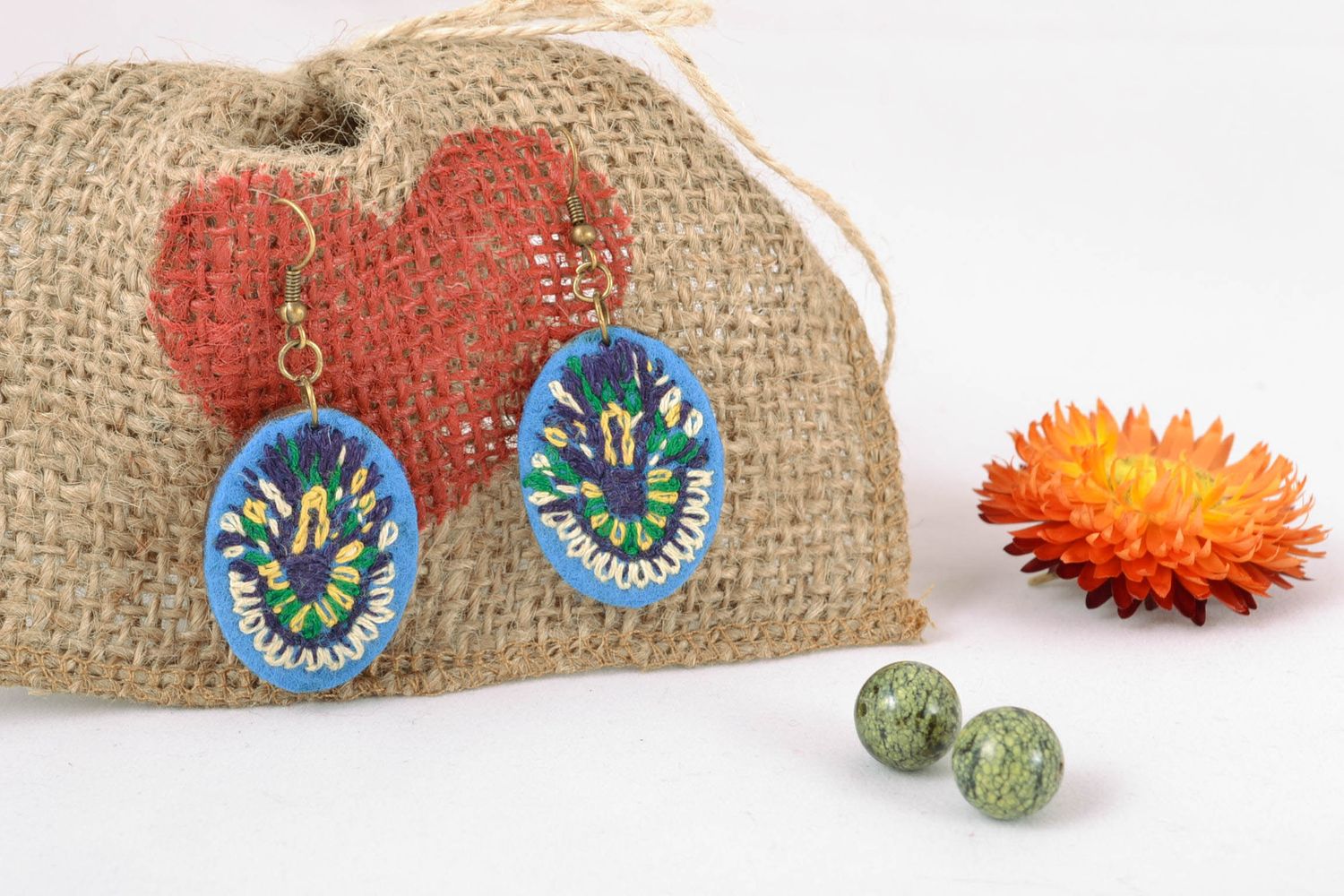 Wooden earrings with embroidery photo 1