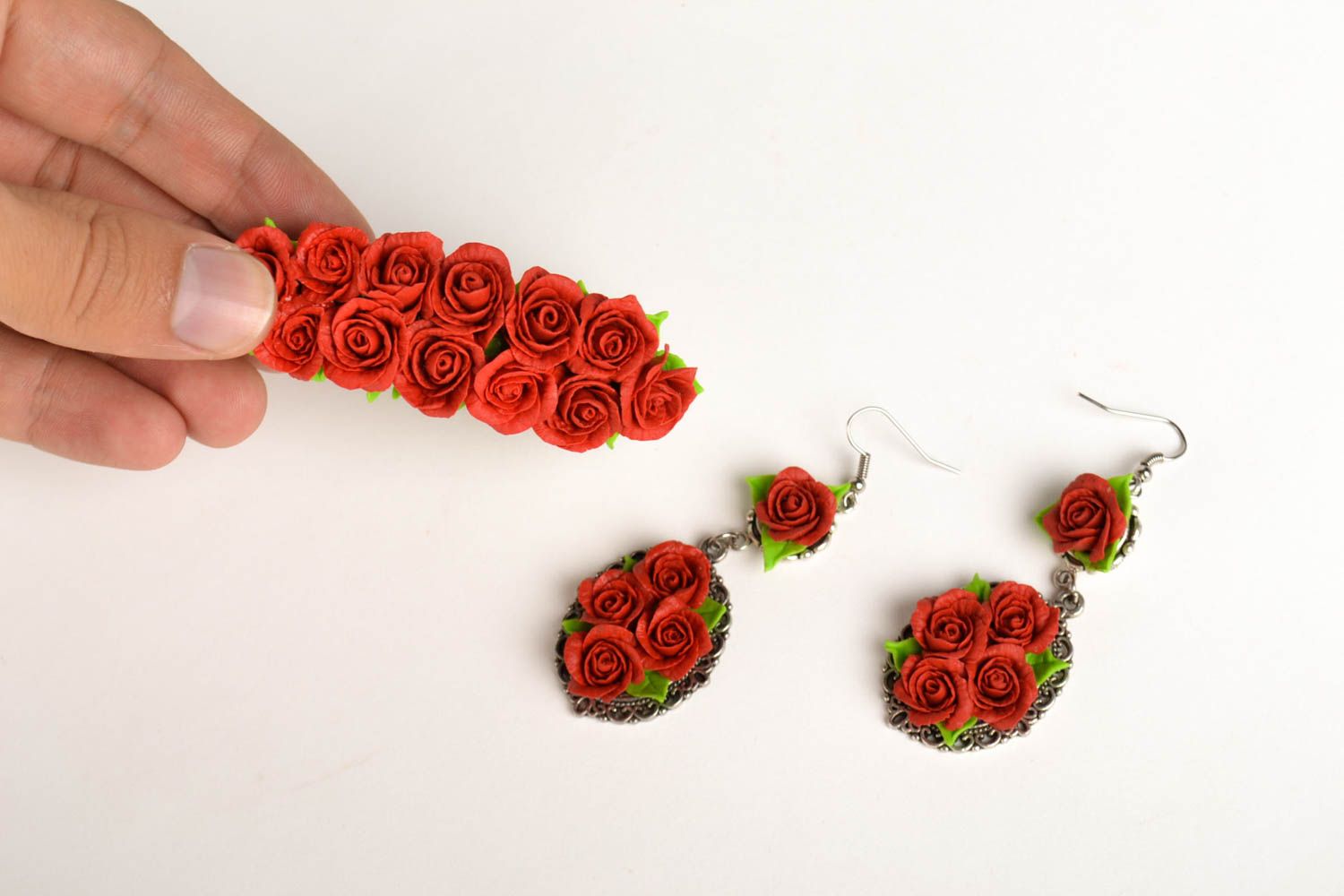 Женские украшения ручной работы заколка цветок для волос длинные серьги набор фото 5