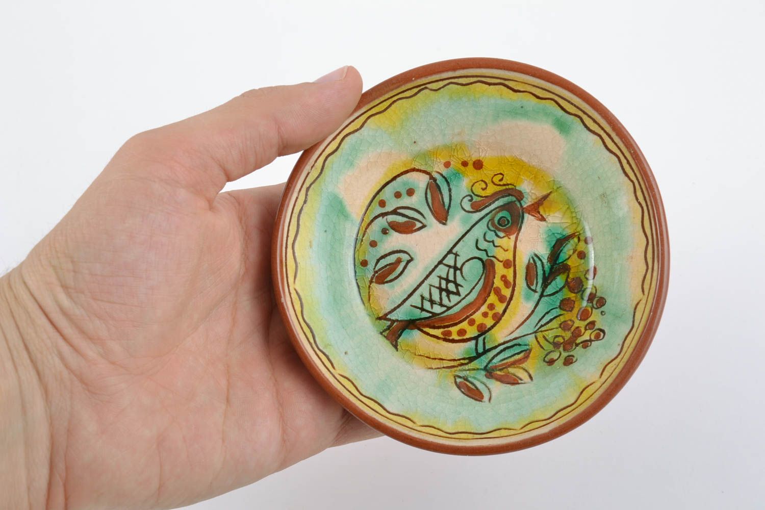 Dekorativer handgemachter Teller aus Ton mit Glasur bemalt klein schön foto 5