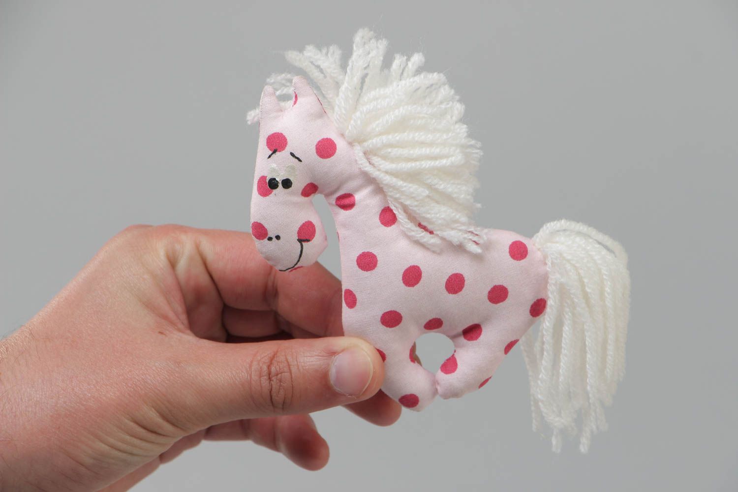 Handmade soft toy fridge magnet sewn of polka dot white cotton fabric Horse photo 5