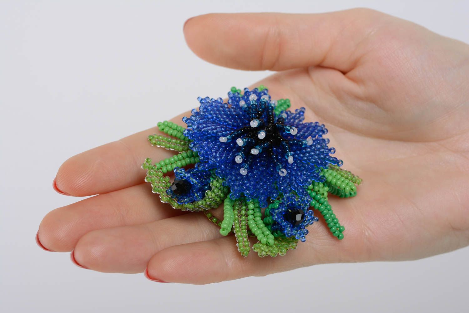 Beautiful small handmade woven beaded flower brooch Cornflower photo 4