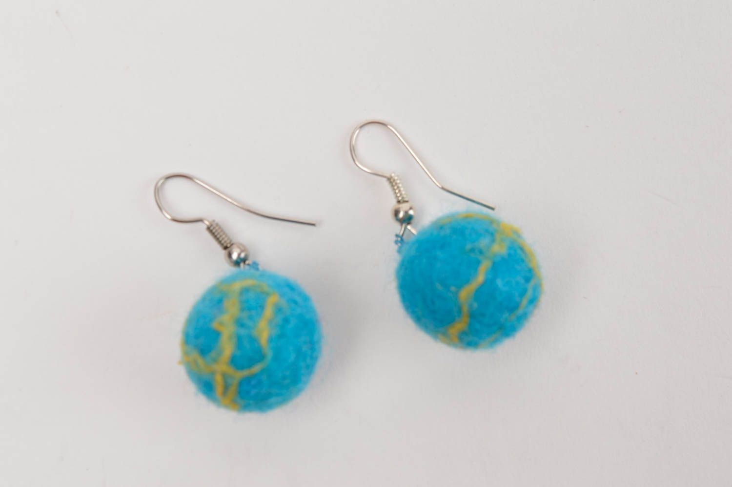 Handmade designer blue earrings cute earrings made of wool cute accessory photo 2