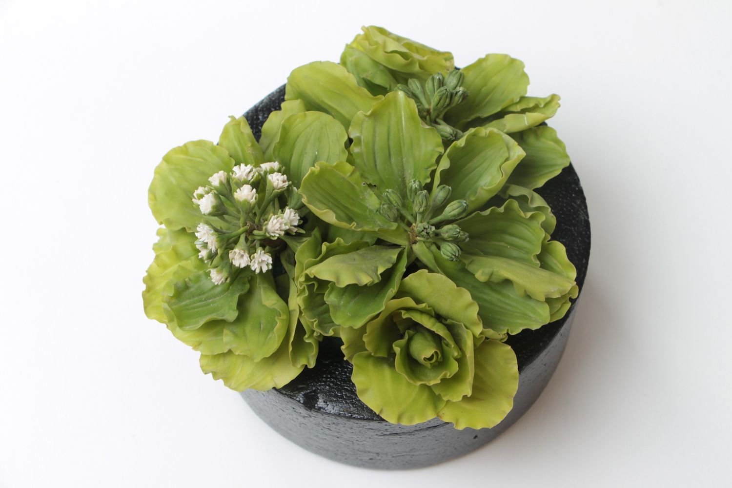 Small green handmade polymer clay flower composition in pot for home decor photo 3