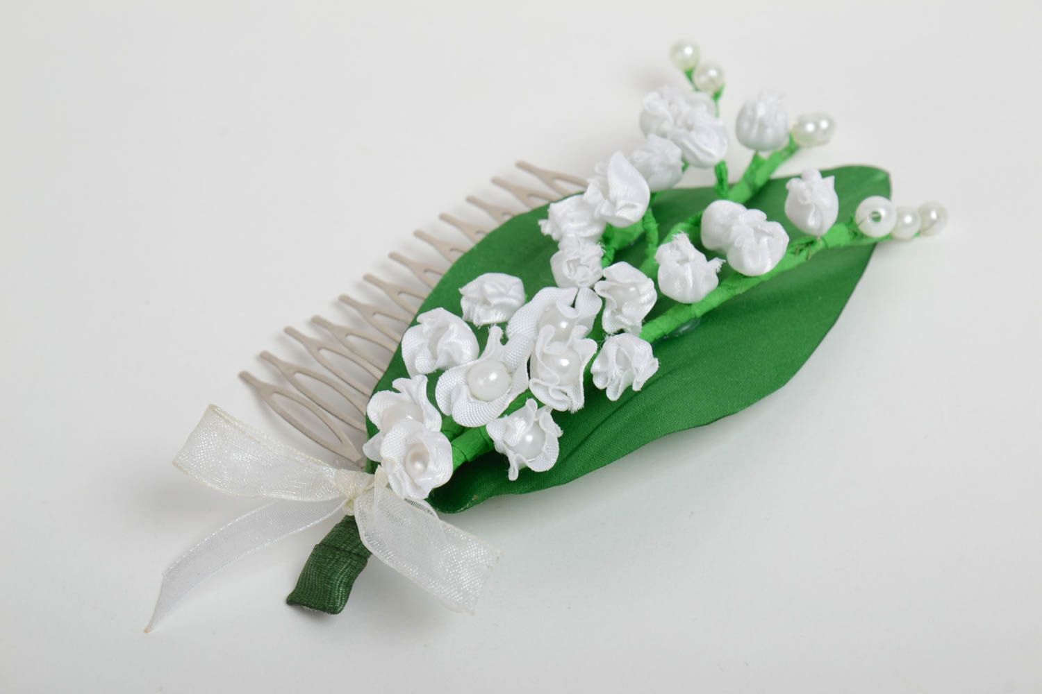 Handmade designer hair comb with metal basis and satin snowdrop flowers photo 2