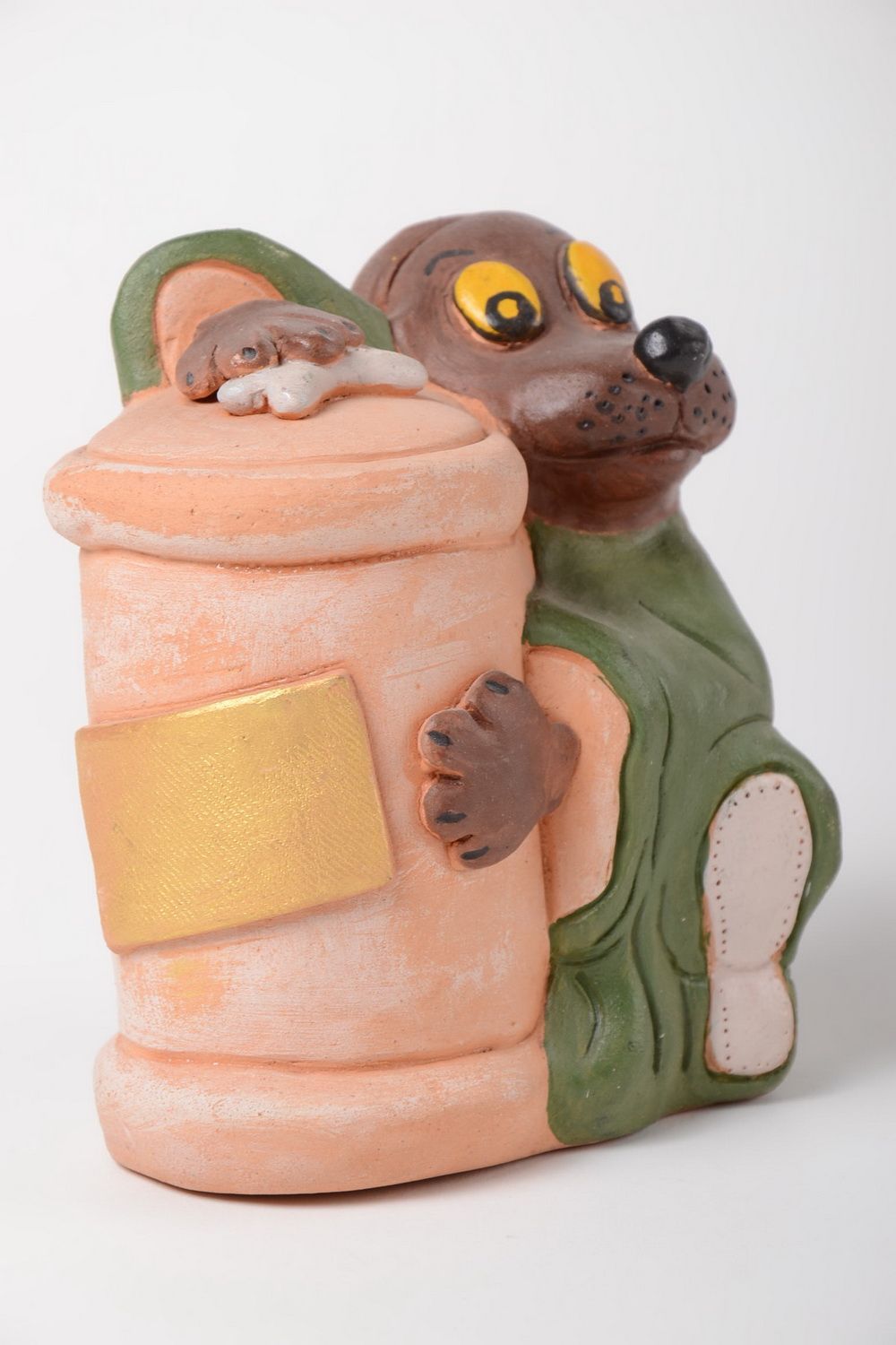 Tirelire chien avec sac en céramique peinte de couleurs acryliques faite main photo 2