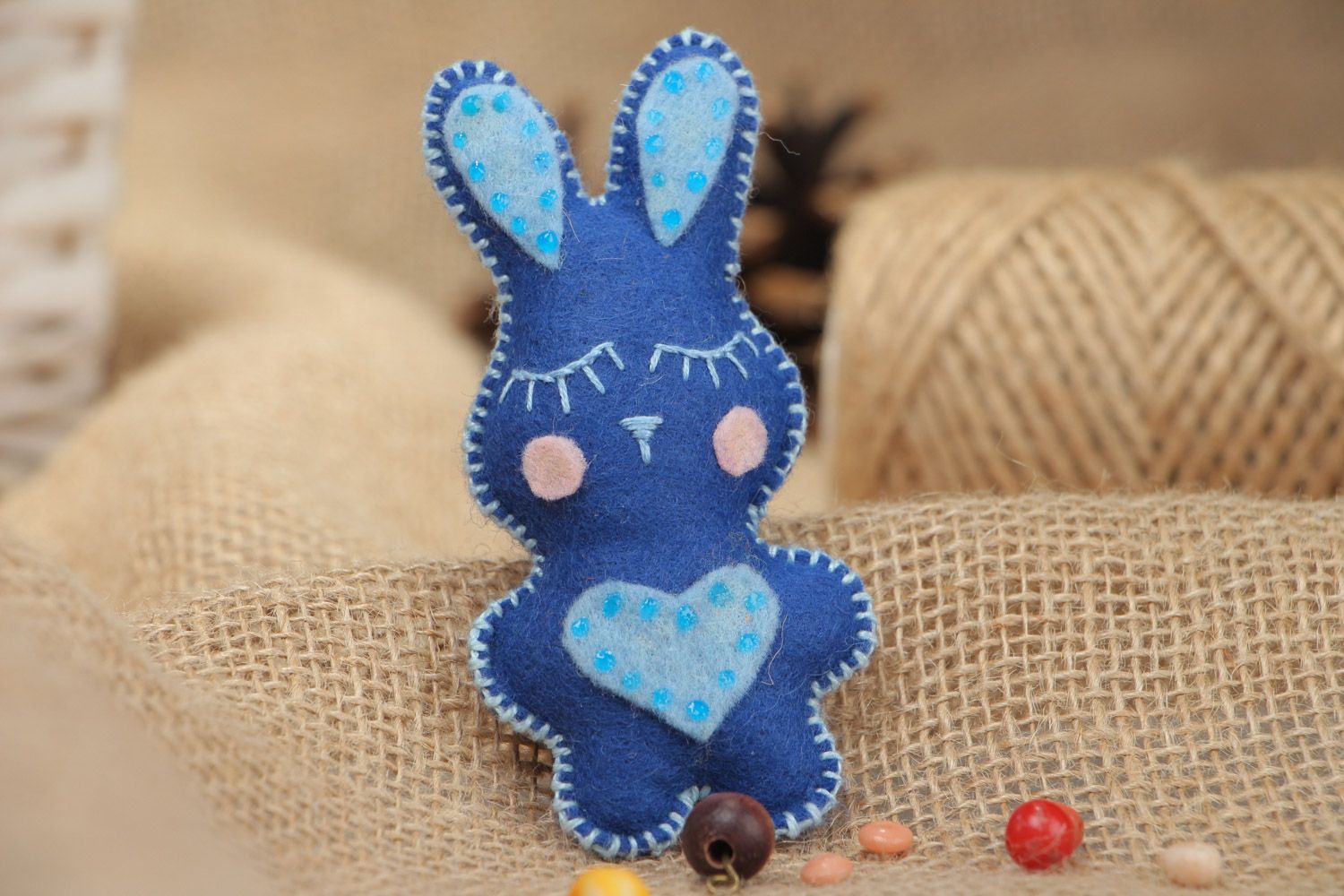 Funny soft toy sewn of felt Blue rabbit for interior decoration homemade photo 1