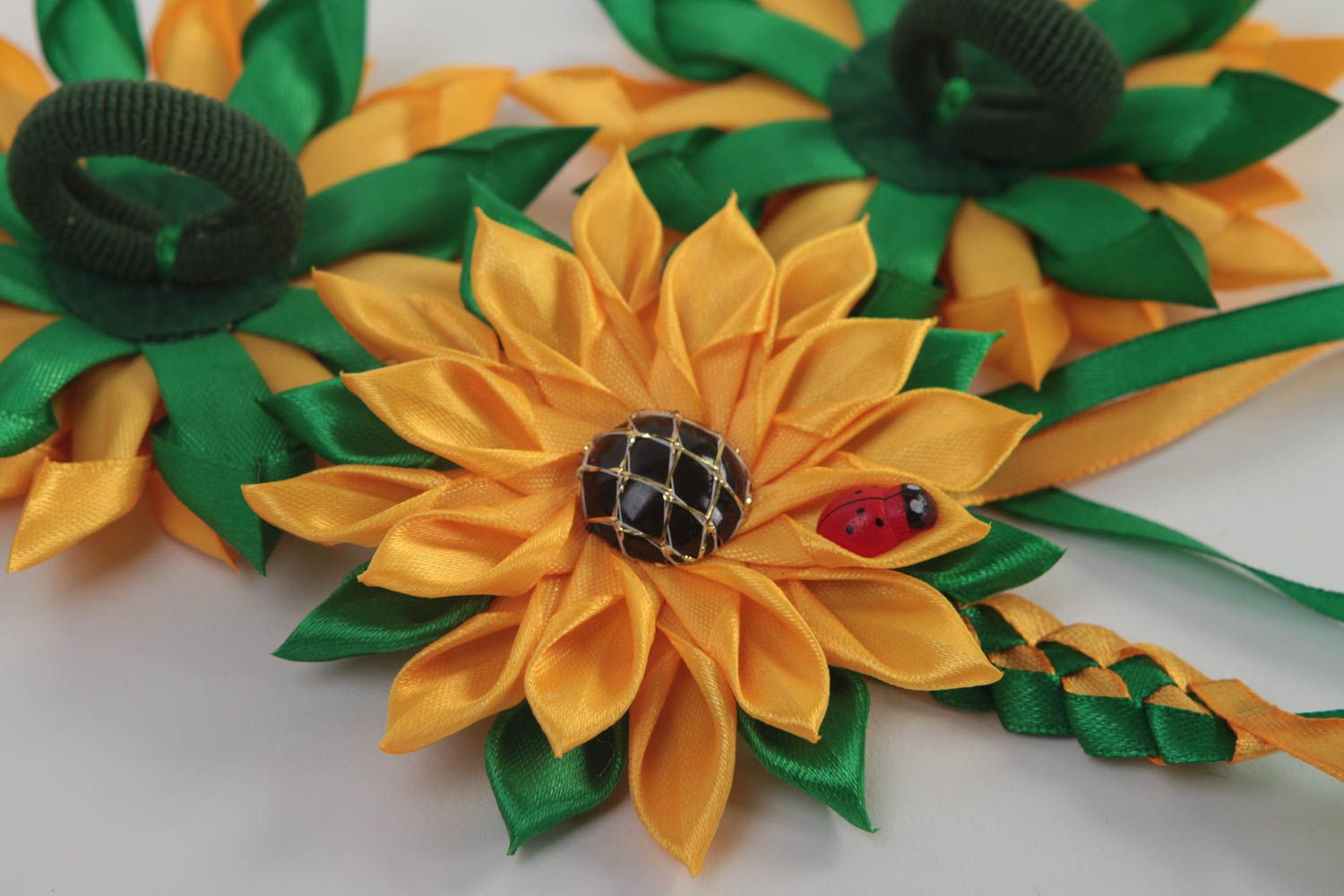 Handmade jewelry set 3 flower hair ties flower bracelet kanzashi flowers  photo 4