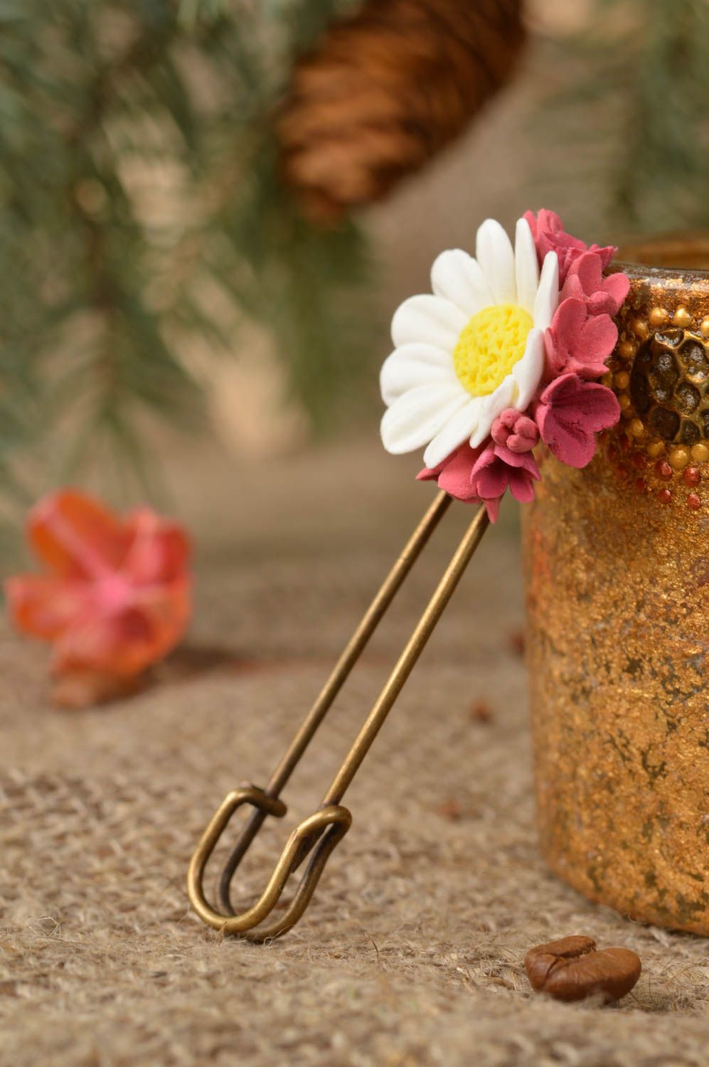 Beautiful elegant brooch pin with chamomile flowers handmade clay accessory photo 1