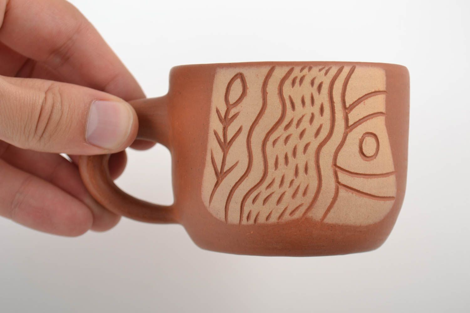 10 oz terracotta color clay cup for coffee with cave drawings photo 2