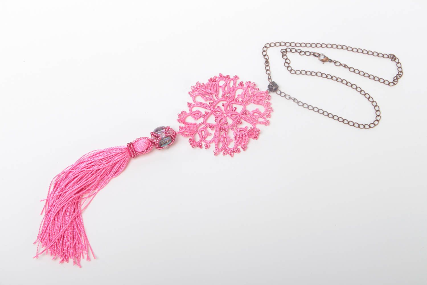 Handmade pink necklace accessory made of silk openwork designer jewelry photo 2