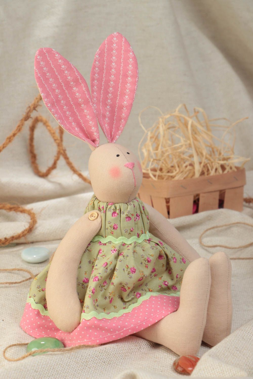 Handmade designer cotton fabric soft toy rabbit in green and pink sun dress  photo 1