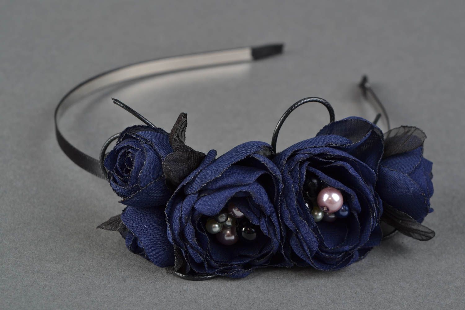 Serre-tête à cheveux en fleurs artificielles fait main bleu de tissu pour femme photo 2
