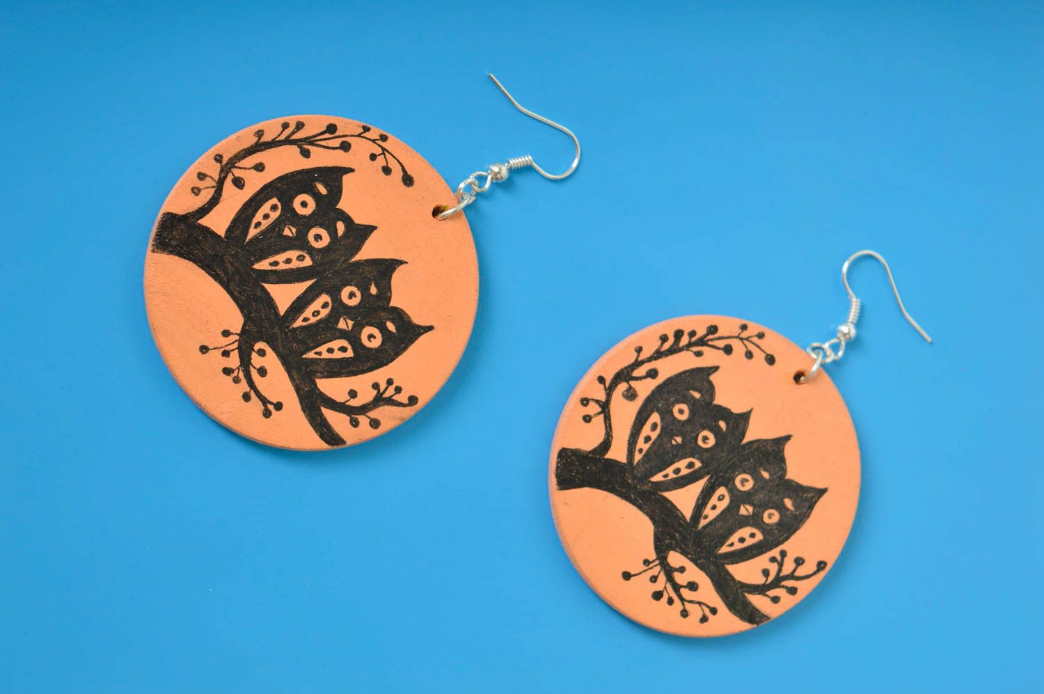 Handmade wooden earrings wooden jewelry painted earrings with owls women jewelry photo 1