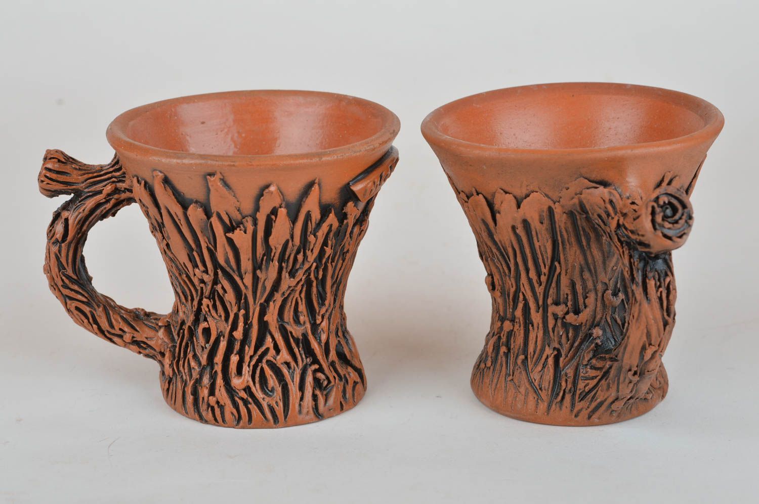 Set of 2 small ceramic 3 oz coffee cups of fake wooden brown color photo 1
