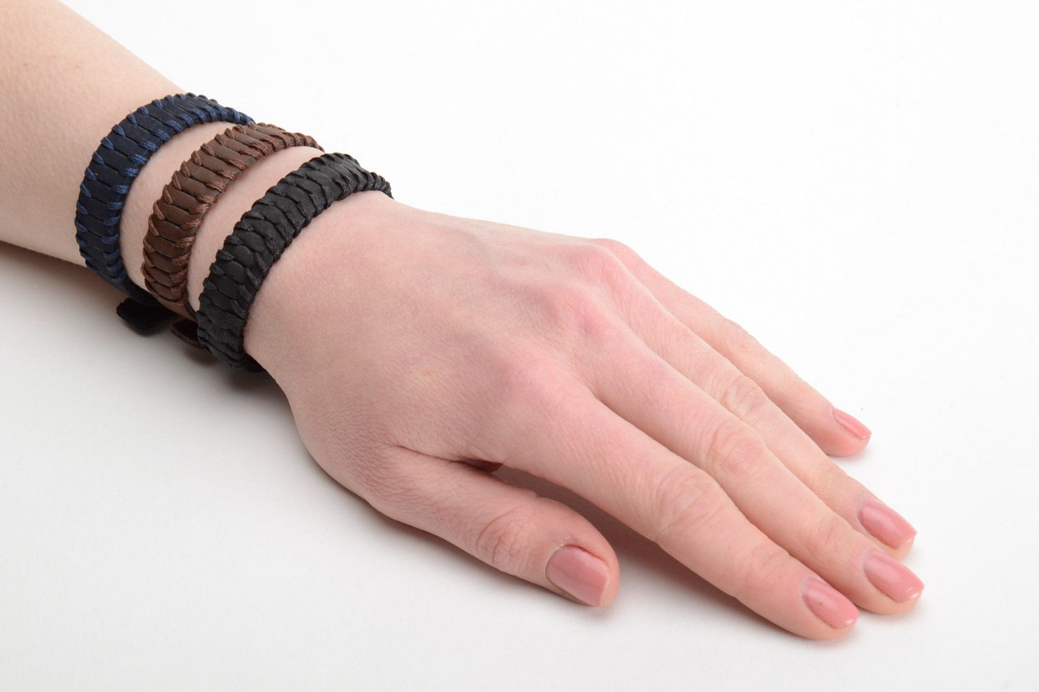Set of handmade genuine leather wrist bracelets in three colors unisex 3 items photo 5
