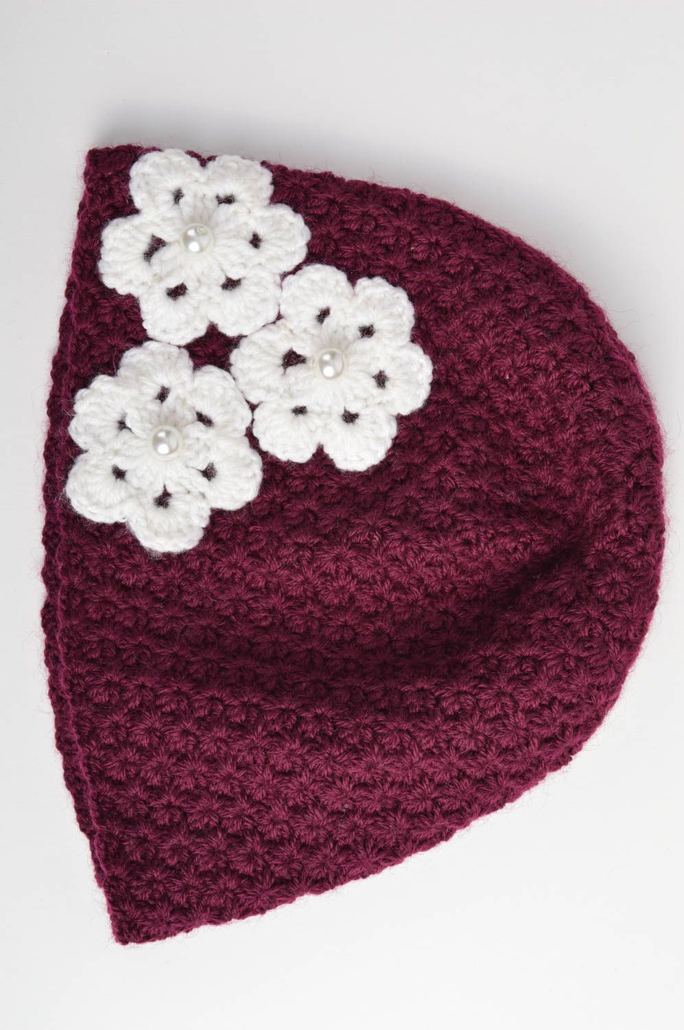 Зимняя шапка для девочки из полушерсти с цветами цвета бордо аксессуар хенд мейд фото 3